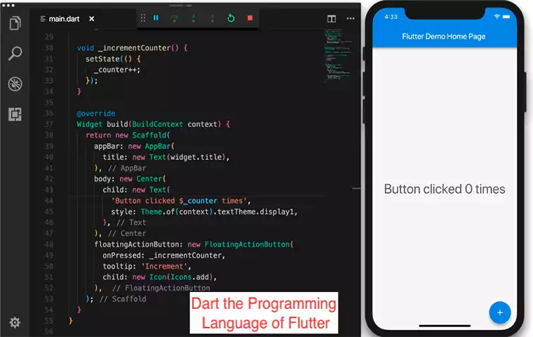 A screen that shows the demo of codings of Flutter