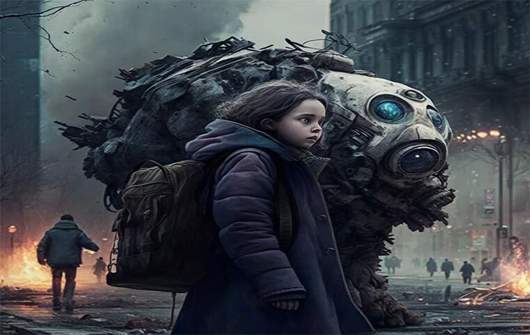 An ai like chatgpt made an image of a kid and a robot walking in a apocalyptic erea