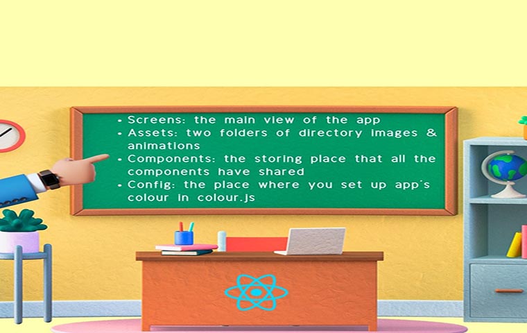 A graphical photo of a classroom showing some notes about react native app development