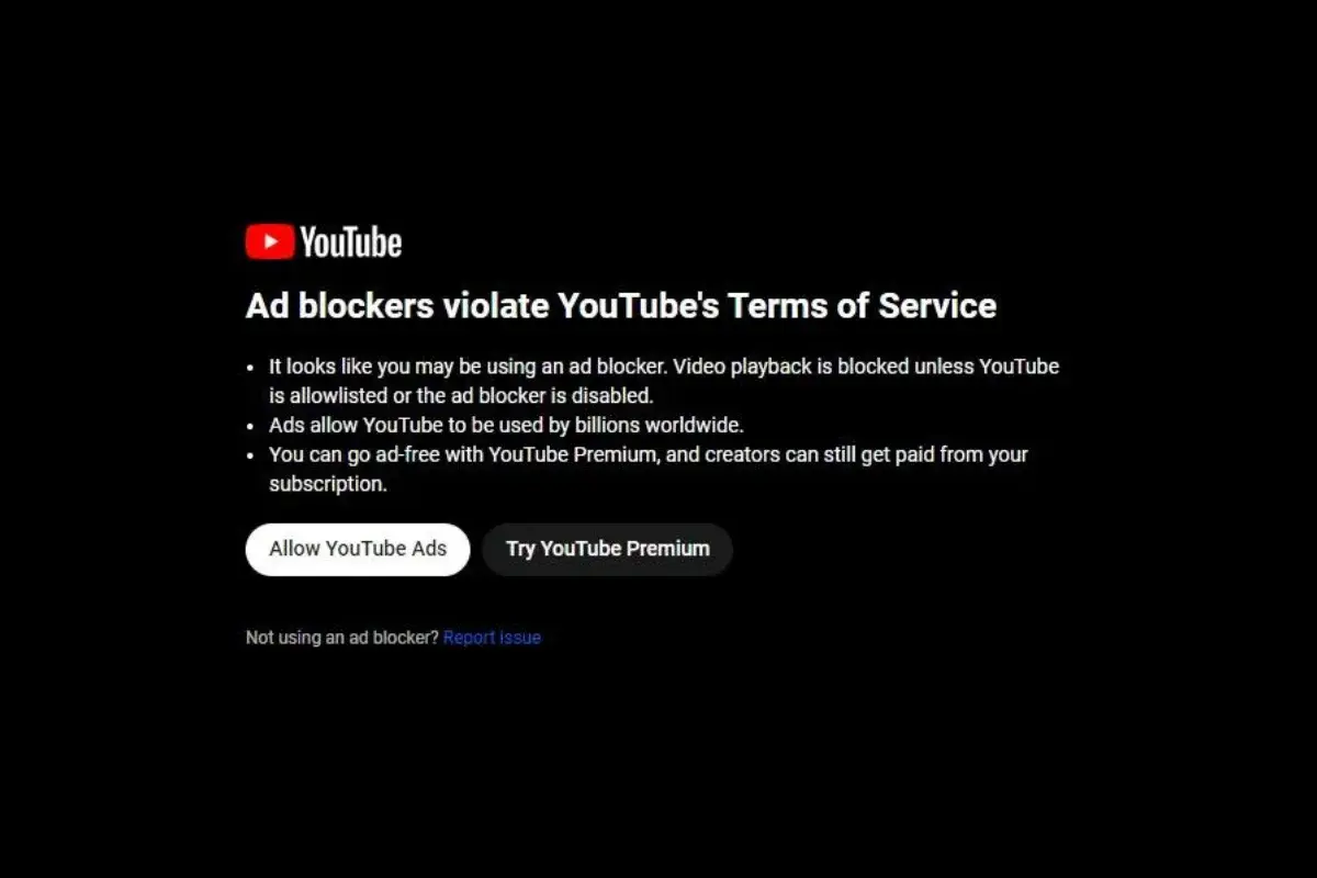 YouTube ad block message