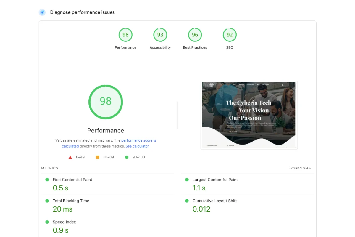 Report Card Google PageSpeed Insights the cyberia tech