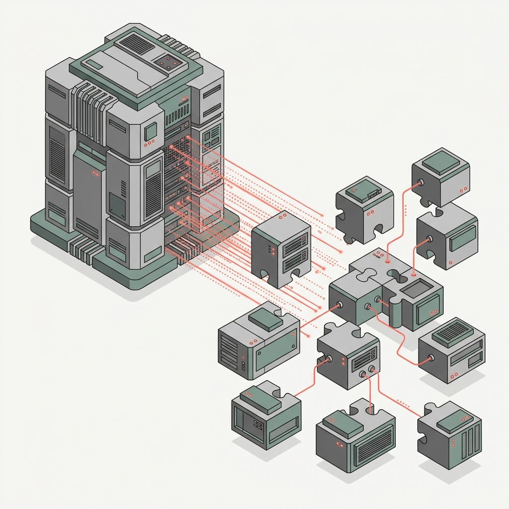 A monolithic web application breaking apart into independent modular pieces representing a micro-frontends architecture