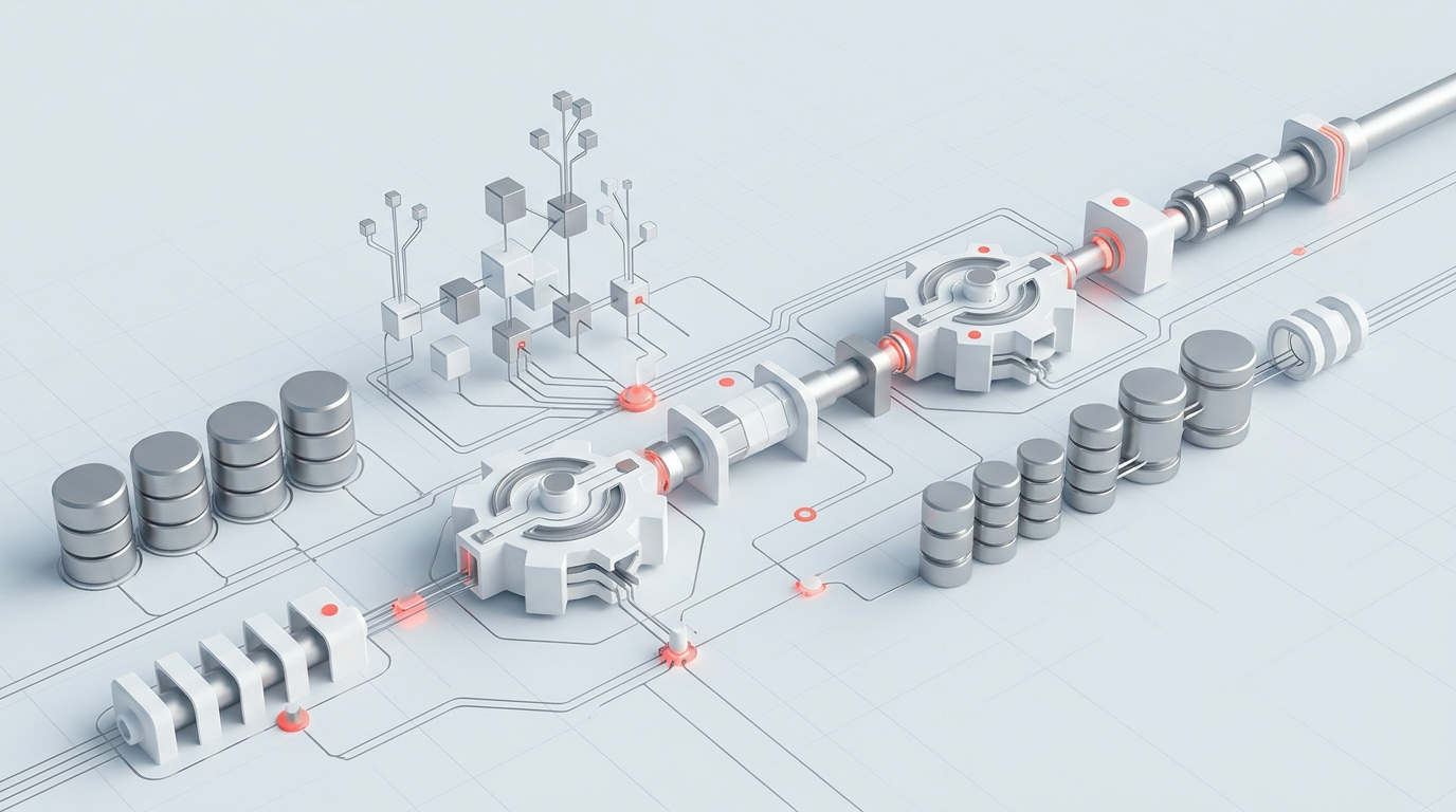 Abstract 3D rendering showing data structures and continuous delivery pipelines for enterprise RPA implementation